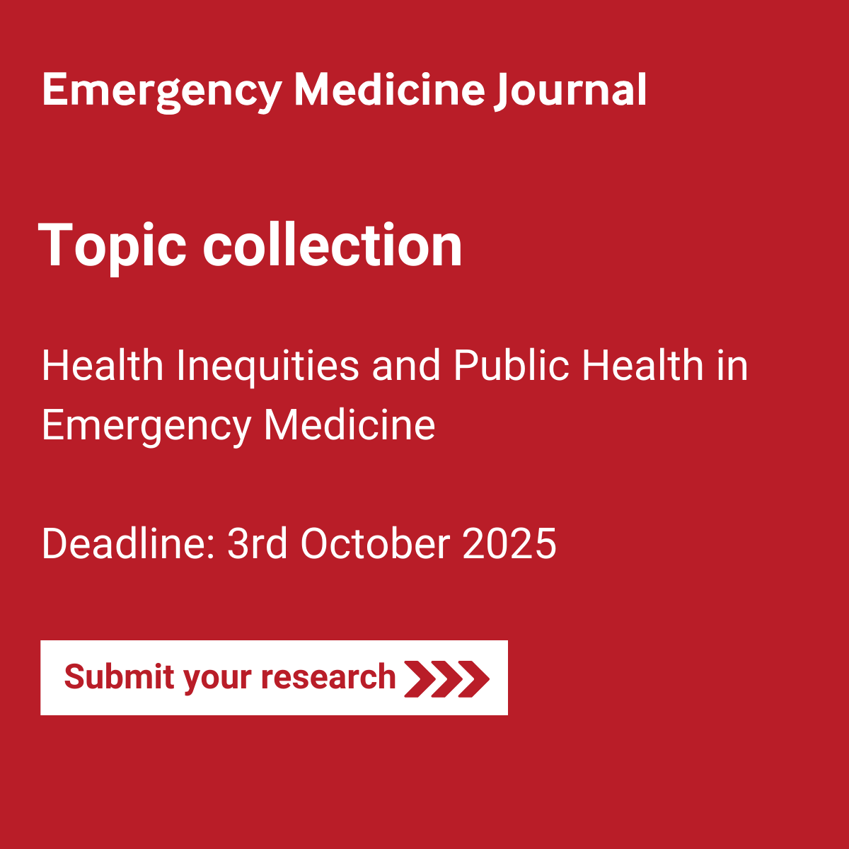 🗣️ Call for Papers 🗣️ 

Health Inequities and Public Health in Emergency Medicine

There is increasing recognition of the impact of health inequities on medical care, with growing research on how emergency care can mitigate disparities and support interventions to improve health