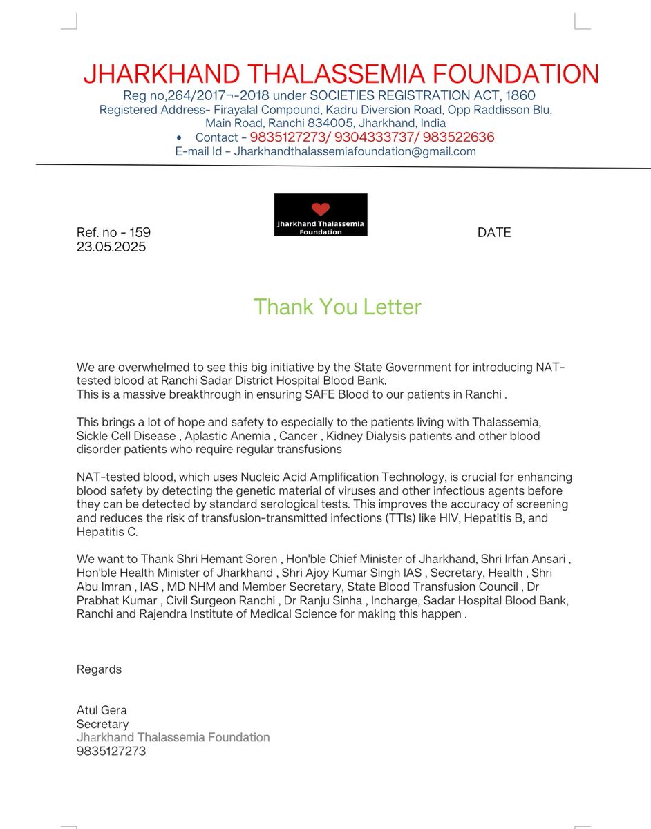 A BIG Thank You to 
Shri <a href="/HemantSorenJMM/">Hemant Soren</a>
Shri <a href="/IrfanAnsariMLA/">Dr. Irfan Ansari</a>
Shri Ajoy Kumar Singh IAS 
Shri Abu Imran IAS 
Dr Prabhat Kumar <a href="/RanchiHealth/">Civil Surgeon, Ranchi</a>
Dr Ranju Sinha 
<a href="/ranchi_rims/">RIMS Ranchi</a>

We are overwhelmed to see this big initiative by the State Government for introducing NAT-tested blood at