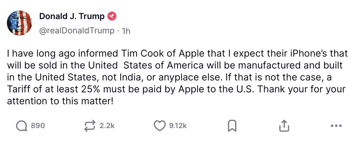 就獲利而言，Apple為在美國市場銷售的iPhone承受25%關稅，遠好於將iPhone組裝產線搬回美國。

truthsocial.com/@realDonaldTru…