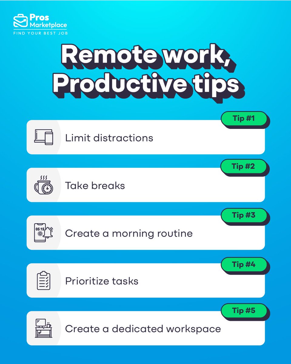 ProsMarketllc's tweet photo. Limit distractions: 🚫

✅ Take breaks 🧘‍♂️

✅ Create a morning routine 🌅

✅ Prioritize tasks 🗂️

✅ Create a dedicated workspace 🪑🖥️

#remotework #hire #tips #remotejobs https://t.co/RxRX9iMDue
