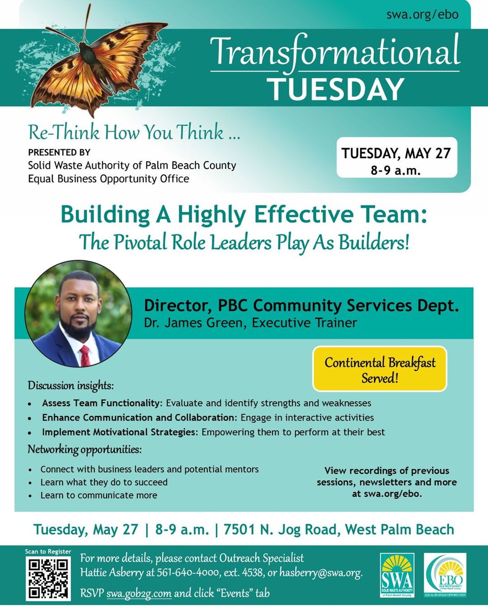 🚨 Leadership Alert!
Join us Tuesday, May 27 for Transformational Tuesday with Dr. James Green!

🕗 8–9 AM | 📍 7501 N. Jog Rd, WPB
☕ Free breakfast + expert tips on building high-performing teams!

RSVP ➡️ swa.gob2g.com
#TransformationalTuesday #Leadership