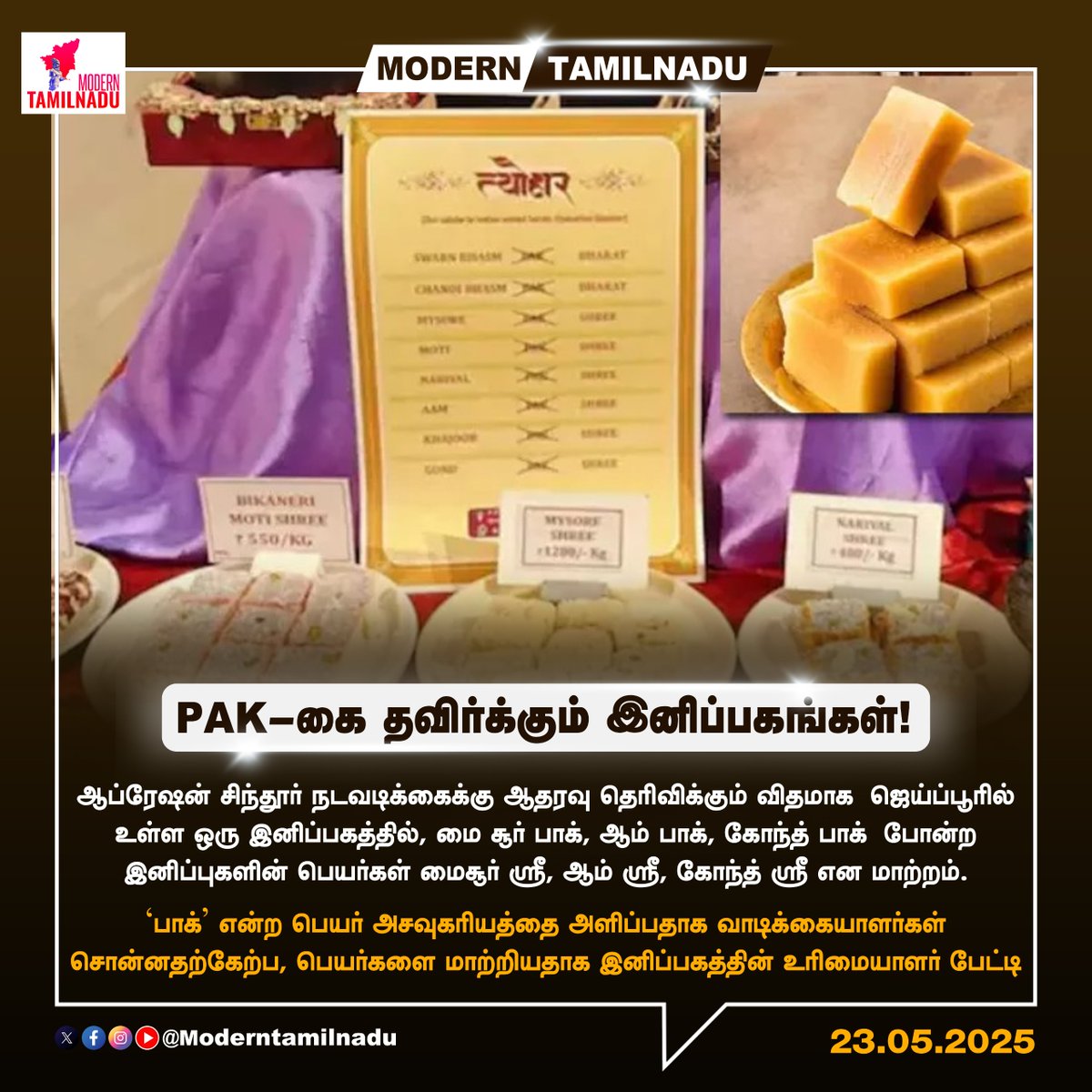 ModernTamilnadu's tweet photo. PAK-கை தவிர்க்கும் இனிப்பகங்கள்!
#Namechanging | #MysorePak #OperationSindoor https://t.co/ZEDvaiJc90