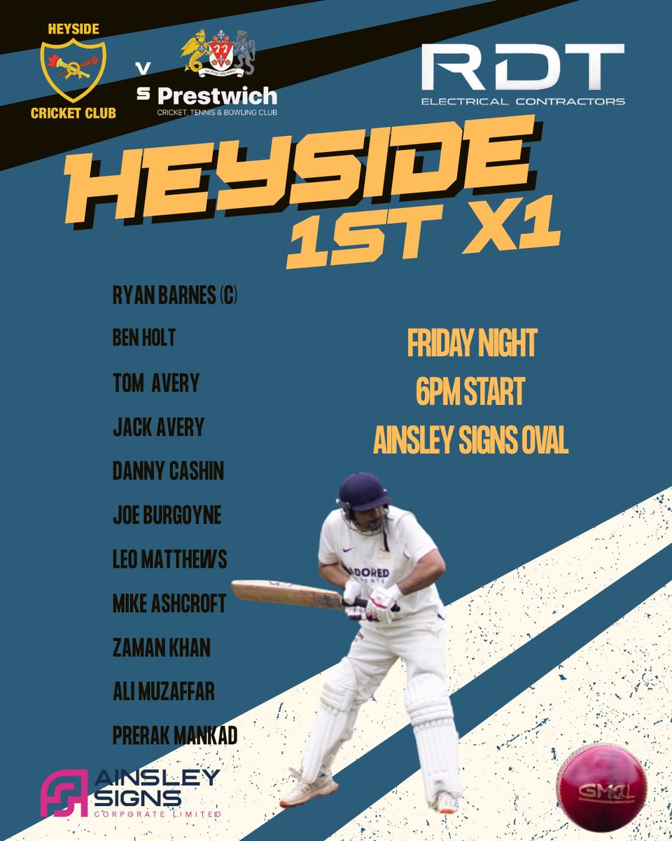 HeysideCC's tweet image. T20 Action returns to the @ainsleysignsltd Oval tonight!
Our @rdtelec sponsored side welcome @prestwichsport
🏏 6pm Start
🍻 4pm Club
🍗 5pm @ksloungeoldham providing the goods!
Come and join us! #HCC #allheysidearentwe