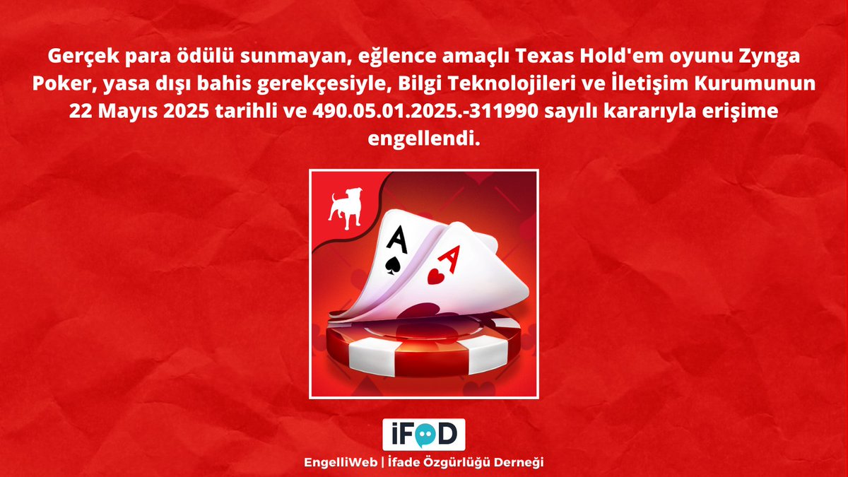 EngelliWeb (@engelliweb) on Twitter photo Gerçek para ödülü sunmayan, eğlence amaçlı poker oyunu <a href="/zyngapoker/">@zyngapoker</a>'in alan adı, yasa dışı bahis gerekçesiyle, Bilgi Teknolojileri ve İletişim Kurumunun 22 Mayıs 2025 tarihli ve 490.05.01.2025.-311990 sayılı kararıyla erişime engellendi. ifade.org.tr/engelliweb/zyn… Gerçek para ödülü sunmayan, eğlence amaçlı poker oyunu <a href="/zyngapoker/">@zyngapoker</a>'in alan adı, yasa dışı bahis gerekçesiyle, Bilgi Teknolojileri ve İletişim Kurumunun 22 Mayıs 2025 tarihli ve 490.05.01.2025.-311990 sayılı kararıyla erişime engellendi. ifade.org.tr/engelliweb/zyn…