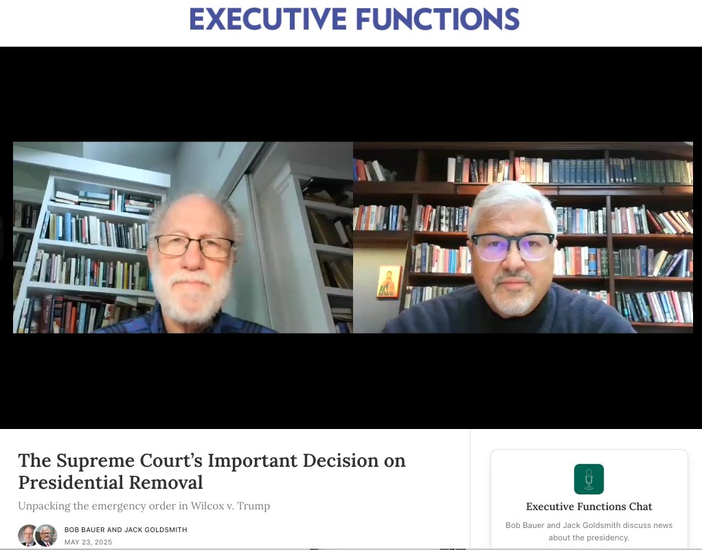 Bob Bauer and I discuss Trump v. Wilcox, the Supreme Court’s important emergency docket ruling on Presidential removal power, including what it means for Humphrey’s Executor, and other potential short- and long-term consequences. open.substack.com/pub/executivef…