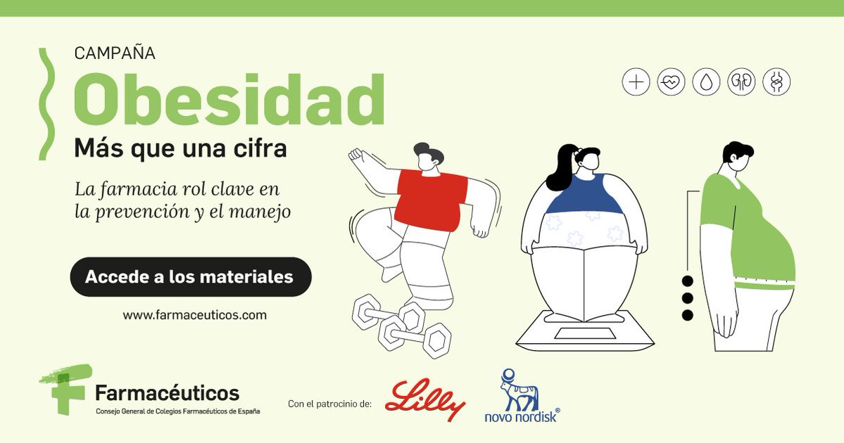 Consejo General Colegios Farmacéuticos (@farmaceuticos_) on Twitter photo 📢 Campaña “Obesidad: más que una cifra”
💊 Desde la farmacia, ayudamos a prevenir, detectar y acompañar.
📥 Descarga los materiales 👉 ow.ly/PwKz50VHJf5
🤝 Con el patrocinio de Lilly y <a href="/NovoNordiskES/">Novo Nordisk España</a>
#Obesidad #FarmaciaComunitaria #CampañaSanitaria 📢 Campaña “Obesidad: más que una cifra”
💊 Desde la farmacia, ayudamos a prevenir, detectar y acompañar.
📥 Descarga los materiales 👉 ow.ly/PwKz50VHJf5
🤝 Con el patrocinio de Lilly y <a href="/NovoNordiskES/">Novo Nordisk España</a>
#Obesidad #FarmaciaComunitaria #CampañaSanitaria