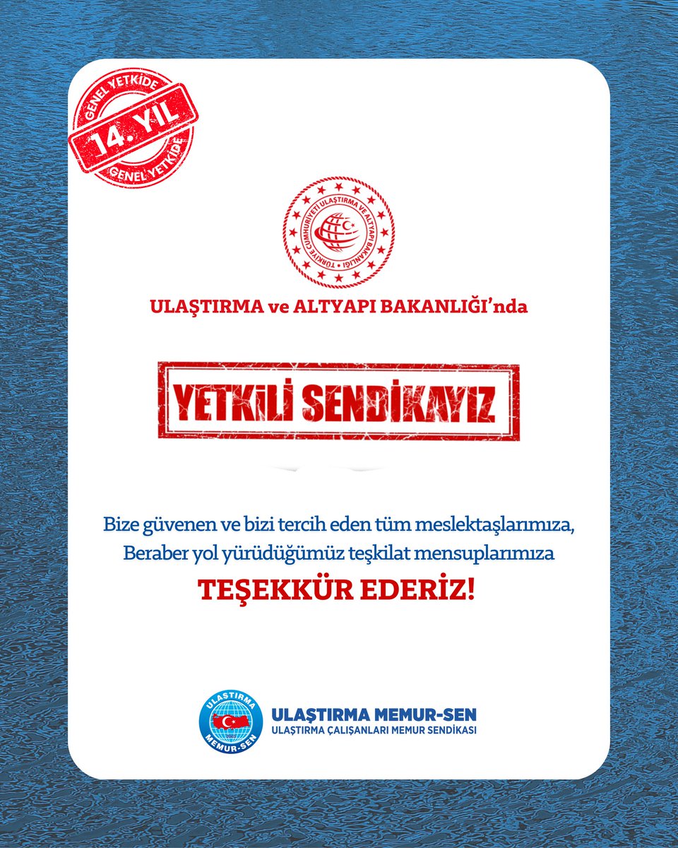 UCMSGenelMerkez's tweet photo. ✅️  Ulaştırma ve Altyapı Bakanlığı'nda Yetkili Sendikayız!

Ulaştırma ve Altyapı Bakanlığı'nda bize güvenen tüm meslektaşlarımıza ve beraber yol yürüdüğümüz teşkilat mensuplarımıza TEŞEKKÜR EDERİZ!

Üyesini Düşünen,
Üyesiyle Güçlenen,
Ulaştırma Memur-Sen!

#Yetkideİstikrar