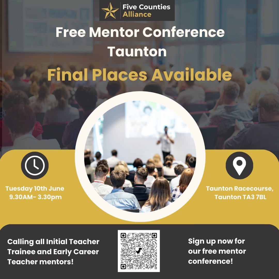 ⭐Last chance to book!⭐ 
⭐ On the 10th June, Five Counties Alliance is hosting a free conference for all colleagues for anyone involved in mentoring teachers who are part of Initial Teacher Training or Early Career Teacher programmes.⭐