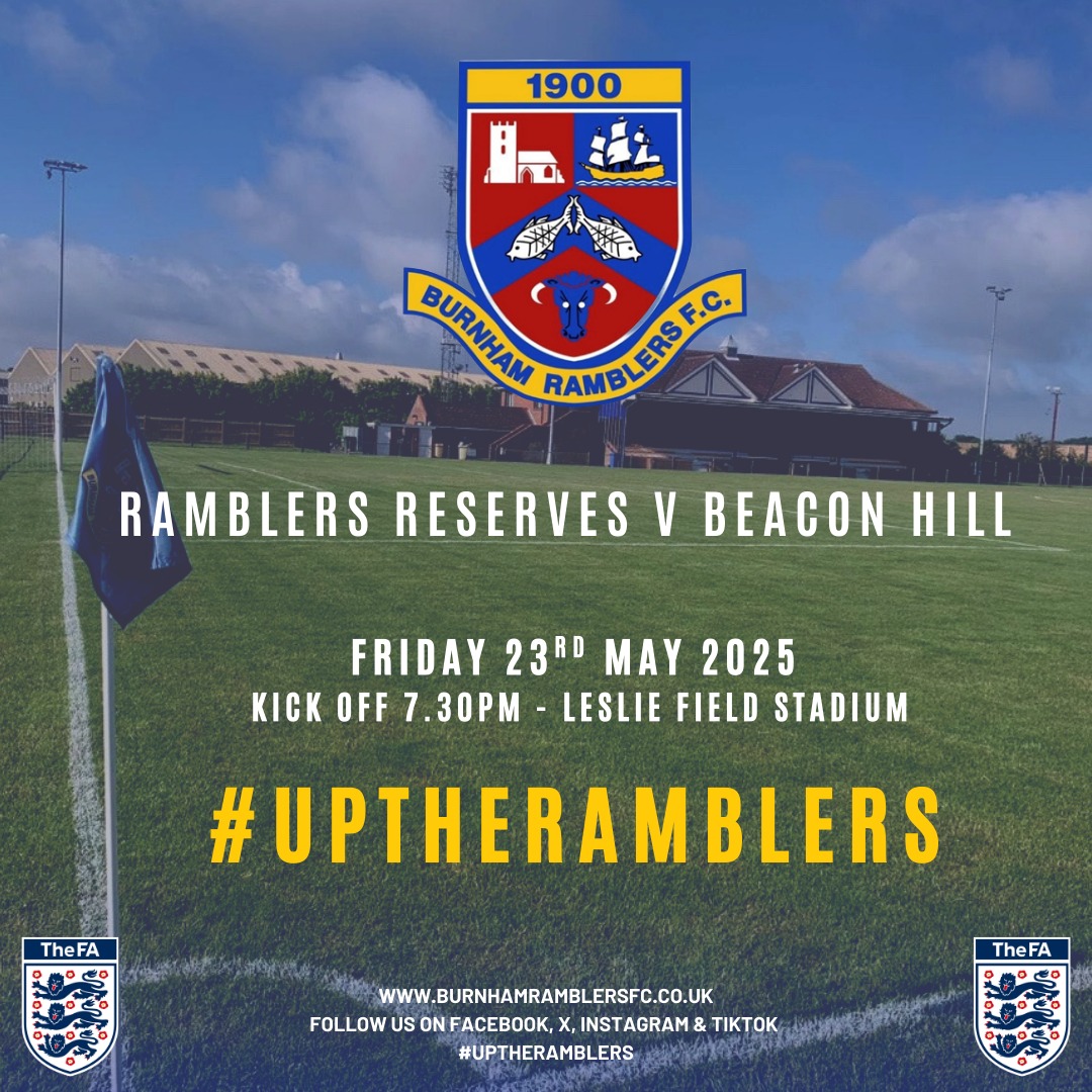 ⚽️ FRIDAY NIGHT FOOTBALL! 

Join us at Leslie Field tonight as Burnham Ramblers Reserves take on Beacon Hill in the Division 1 Charity Cup!

It’s set to be a cracking evening of football, and it’s all for a great cause! 🙌

💙 Come cheer on the lads and show your support!