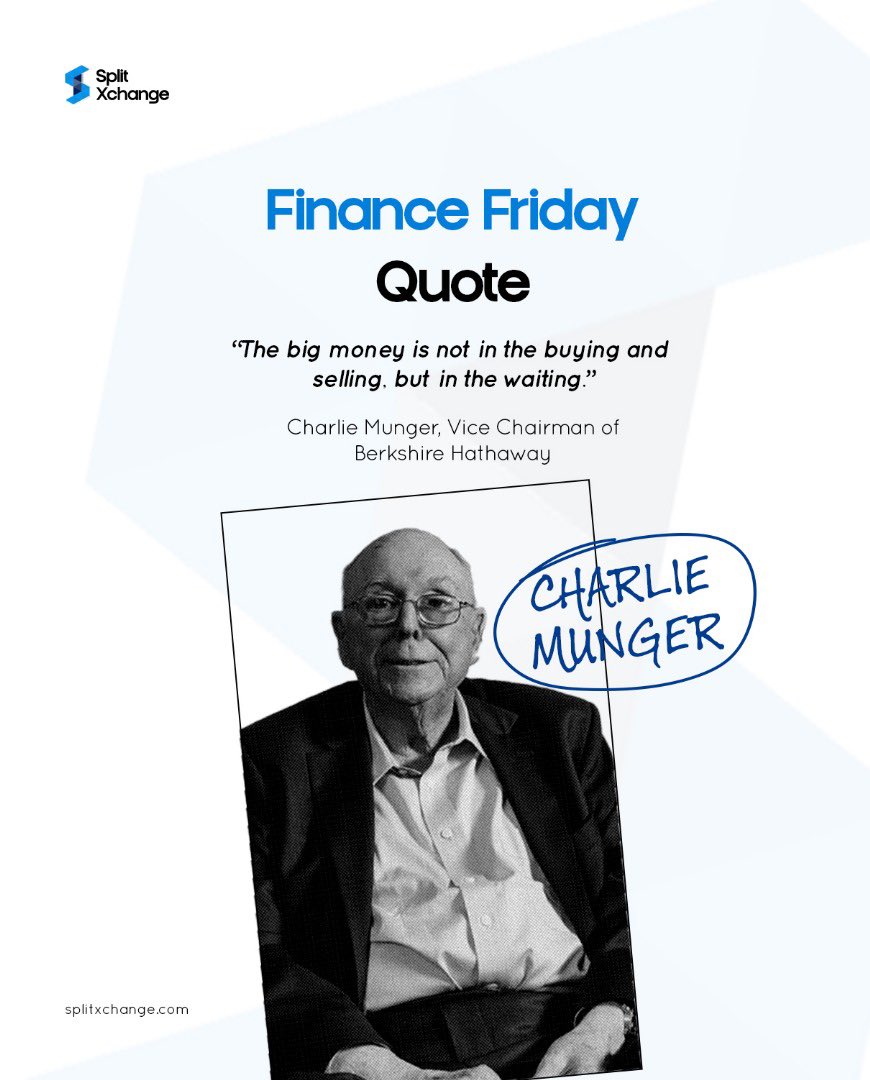 SplitXchange's tweet image. Wealth doesn’t come from chasing every trade, it comes from patience. Because in the long game, compounding does the heavy lifting.

At SplitXchange, we’re helping you build wealth, one fraction at a time.

#FinanceFriday #CharlieMunger #CompoundingReturns #LongTermWealth
