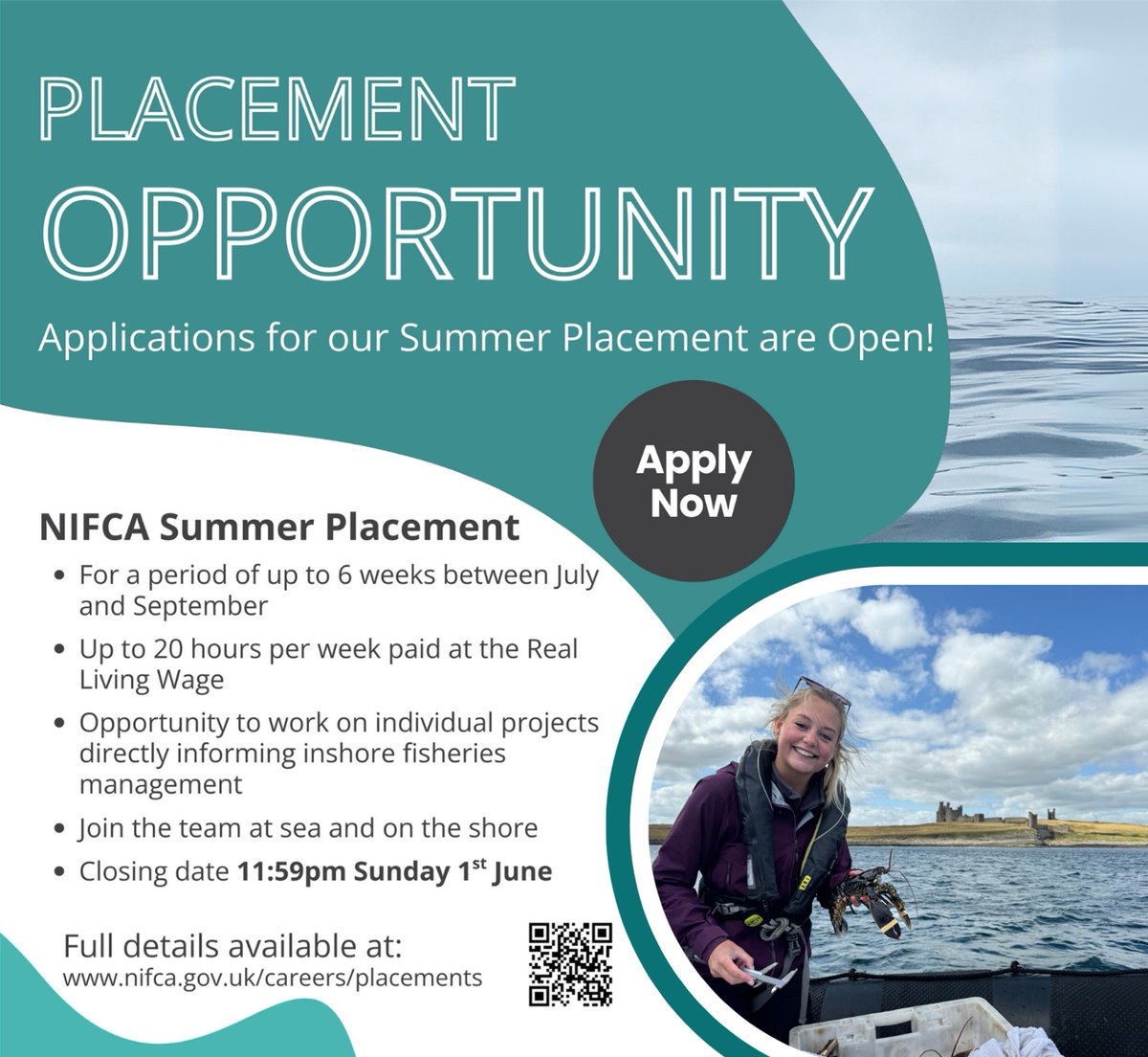 Looking for an exciting placement this summer? NIFCA is accepting applications for our 6 week paid placement to join Officers at sea &amp; shore to work on projects directly informing inshore fisheries management. 

Closing date Sunday 1st June-don't miss out! nifca.gov.uk/careers/placem…
