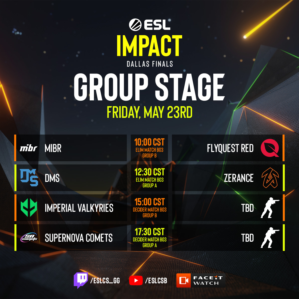 Day 2 of #ESLImpact is upon us! 🤠 

2 spots remain open in the Dallas Finals 2025 playoffs. 

Which of our 6 teams will take a coveted spot?! 🧐