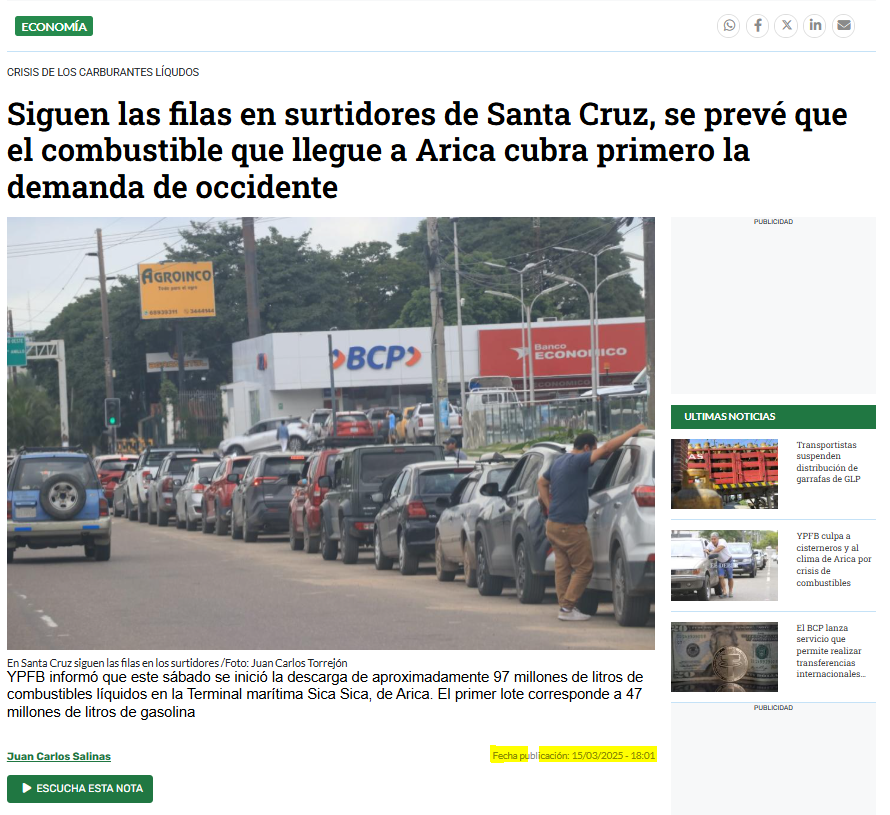 Bolivia en marzo 2025 importó 62% menos combustible respecto a marzo del 2024. Eso explica las larguísimas filas que sufrimos ese mes. No era especulación, es normal cuando el proveedor te genera semejante falla en la cadena de abastecimiento.