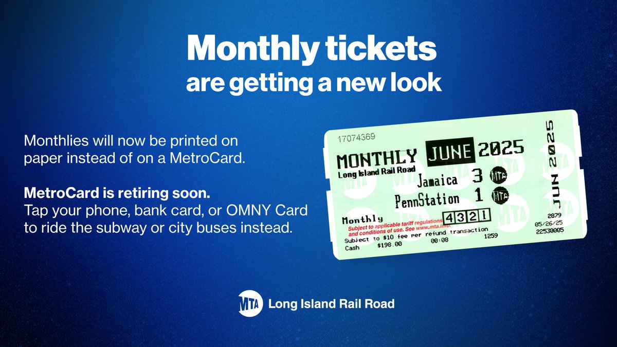 Starting with the June monthly ticket, which goes on sale May 25, monthly tickets will have a new look and feel, printed on paper instead of on MetroCards. 

MetroCards will no longer be available in our ticket machines or at our ticket offices. To ride the subway or city buses,
