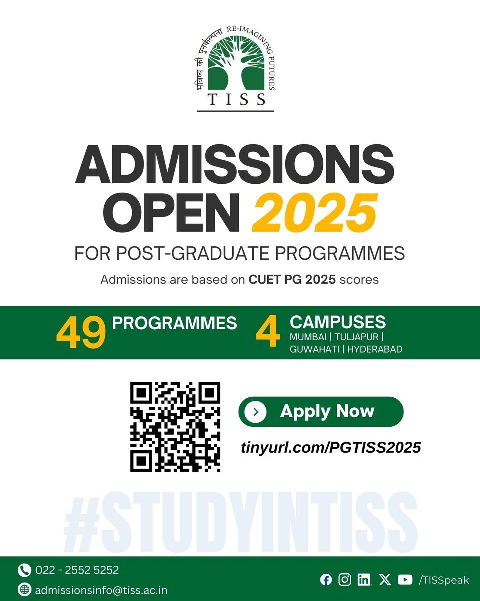 🎓 TISS PG-CUET Admissions 2025 Now Open
Apply now at tinyurl.com/PGTISS2025