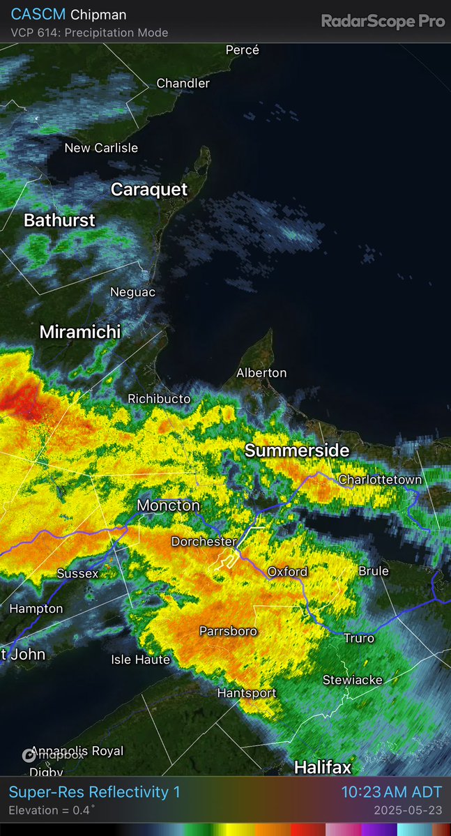 HouckisPokisewx's tweet image. Rain moving into PEI CASCM - Super-Res Reflectivity 1 7:23 AM #NSStorm #NBStorm