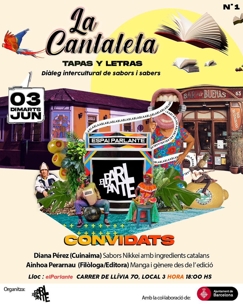 Arriba la primera CANTALETA (Tapas y letras)!🗣️

El 3 de juny a les 18:00h a l’Espai Parlante hi haurà una proposta que marida sabors migrants i narratives ilustrades amb Diana Pérez i Ainhoa Perarnau. 

Hi ha places limitades. Inscriu-te aquí:
forms.gle/zDKi1Hm1pXwDeZ…