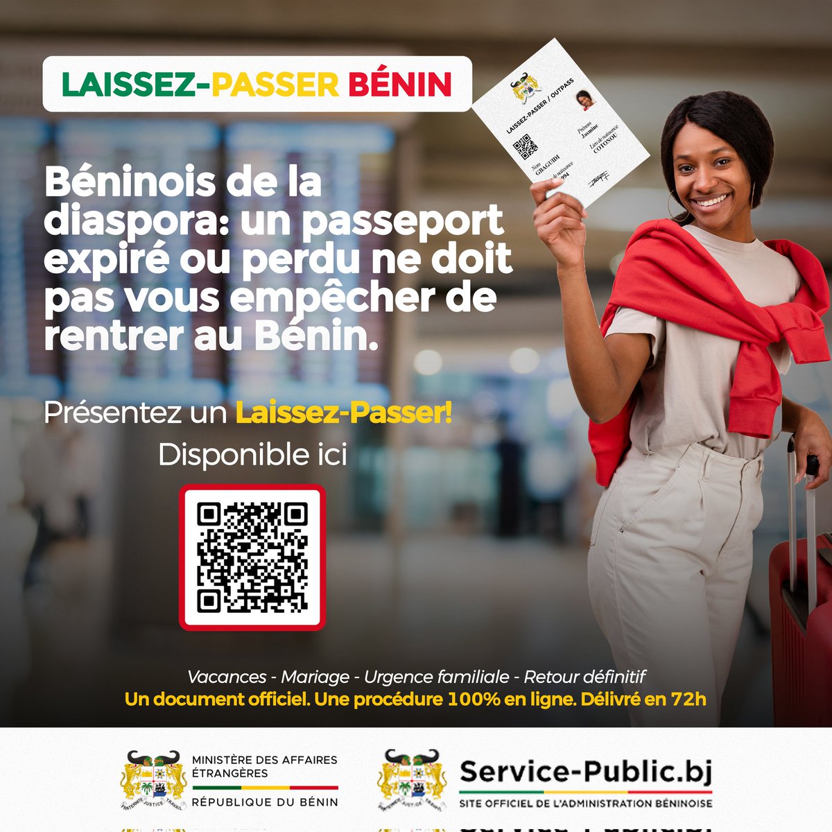 🇧🇯#LaissezPasser | Rentrer chez soi n’a jamais été aussi facile !

Béninois.e.s de la diaspora, rentrez au Bénin même avec un passeport expiré ou perdu. Il vous suffit d’obtenir un Laissez-Passer à présenter à l’aéroport.

🔗 Disponible ici : bit.ly/44zZgcT

Une