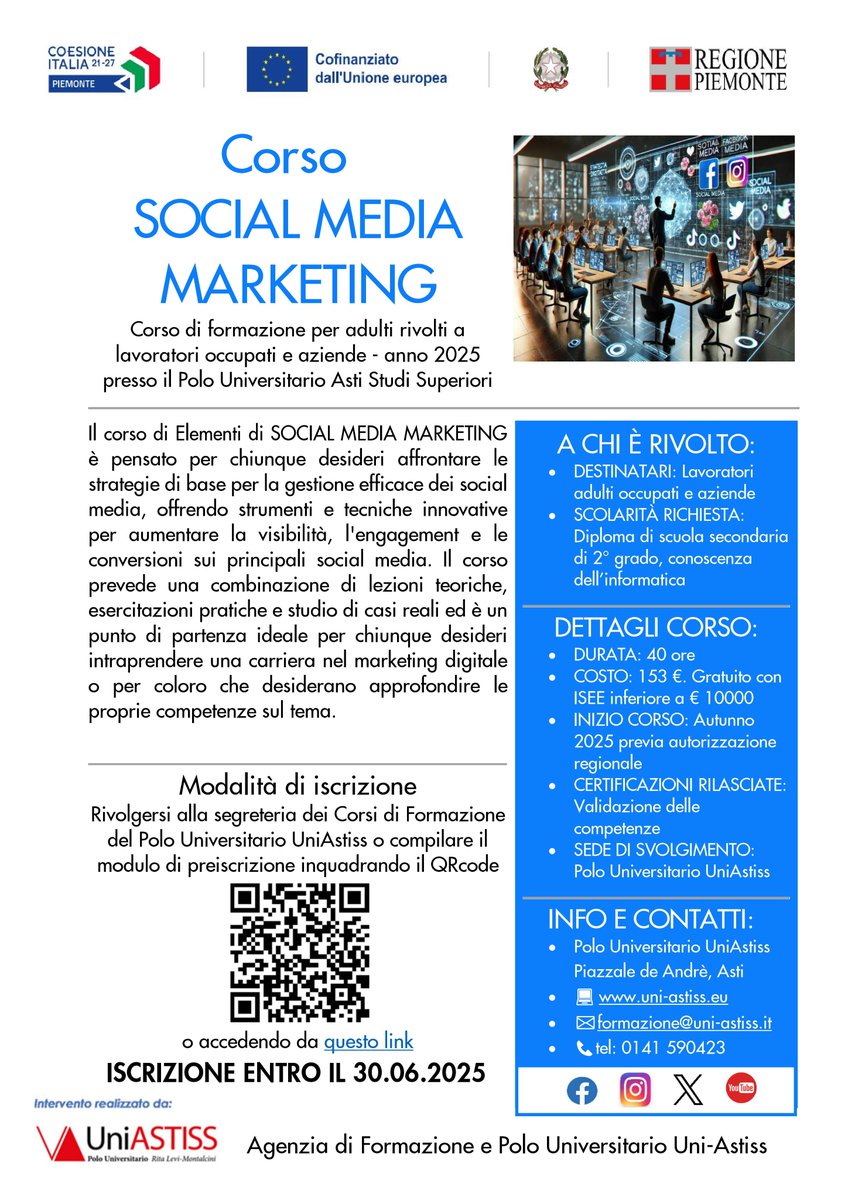 uniastiss's tweet photo. In attivazione presso il Polo Uni-Astiss i corsi per GLI OCCUPATI di LINGUA INGLESE e SOCIAL MEDIA MARKETING. Iscrizioni entro il 30.06.2025. Vai al sito https://t.co/DpPFQJSWyC https://t.co/ztQhK2iA7J