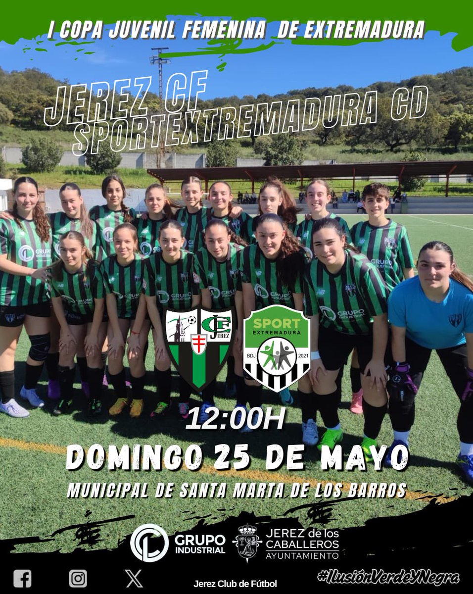 Jerez C.F. (@jerezclubfutbol) on Twitter photo Este domingo 🗓️ 25 de mayo nuestras chicas del juvenil disputarán la 🏆Copa juvenil femenina de Extremadura 🟩⬜️⬛️ en Santa Marta de los Barros, donde se medirán al <a href="/SportExCD/">Sport Extremadura</a> a las 12:00 🕛
#VamosTemplarias Este domingo 🗓️ 25 de mayo nuestras chicas del juvenil disputarán la 🏆Copa juvenil femenina de Extremadura 🟩⬜️⬛️ en Santa Marta de los Barros, donde se medirán al <a href="/SportExCD/">Sport Extremadura</a> a las 12:00 🕛
#VamosTemplarias