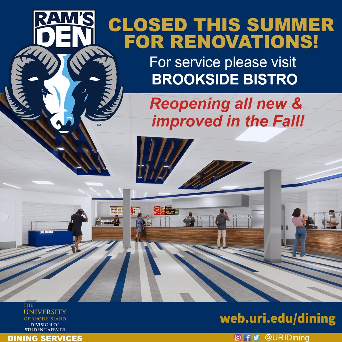 uridining's tweet image. 🚧 The Ram’s Den is closed for the summer as we gear up for a new &amp;amp; improved experience this Fall! 🐏✨
Need a bite? Head over to Brookside Bistro — we’ve got you covered. 🍽️
See you in the Fall! 💛
#RamsDen #CampusEats #BrooksideBistro