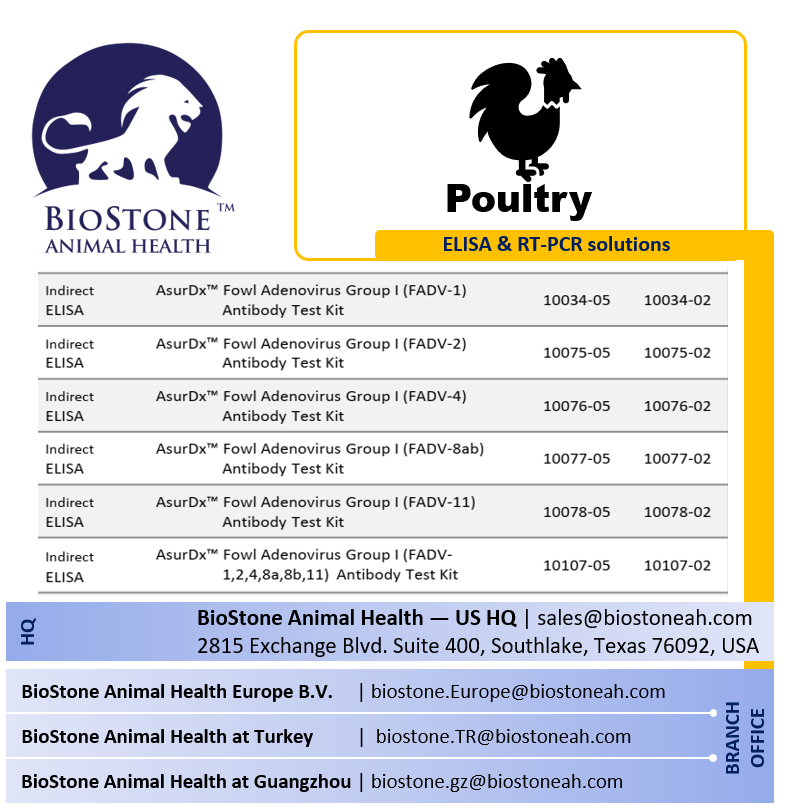 biostoneah's tweet photo. BioStone’s AsurDx™ FADV test kits are designed for the detection of antibodies against Fowl Adenovirus Group I serotypes in poultry serum or plasma. Ideal for monitoring exposure and vaccination response.

Available Kits:
• FADV-1 Ab Test Kit
• FADV-2 Ab Test Kit
• FADV-4 Ab Test Kit
• FADV-8ab Ab Test Kit
• FADV-11 Ab Test Kit
• FADV Group 1 (1, 2, 4, 8a, 8b, 11)

#AnimalHealth #BioStone #FADV

BioStone Animal Health LLC.
For more information, visit our website: https:/www.biostoneah.com

US Headquarters: sales@biostoneah.com +1 (817) 329 0500
Europe: biostone.europe@biostoneah.com +31 202 444 337
Turkiye: biostone.tr@biostoneah.com +90 505 259 0559
Guangzhou: biostone.gz@biostoneah.com +86 133 16182877

Availability/Distribution: Products are designed and developed by BioStone US at our Texas headquarters. Currently, products are only available outside of the USA. Regulatory requirements vary by country; products may not be available in your geographic area.