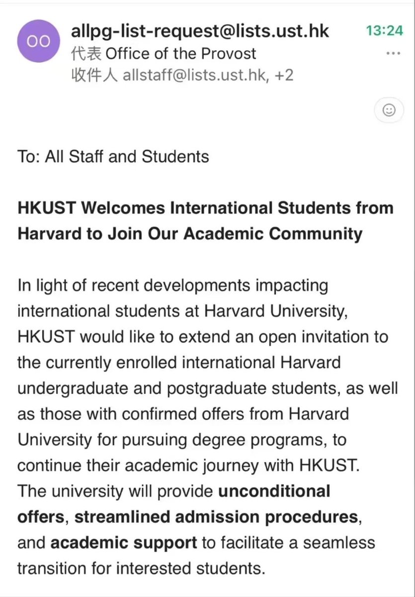 RuanVictoria's tweet image. Hong Kong University of Science and Technology welcomes #Harvard international Students to transfer to their school.