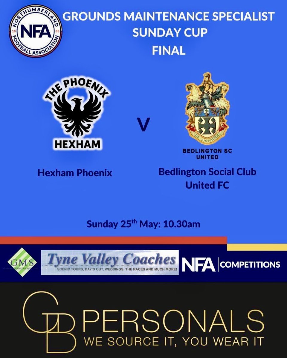 ⚽️⬛️🟦 Season 24/25 🟨⬛️⚽️

🗓 Sun 25th May
🆚 <a href="/BedlingtonSCU/">Bedlington Social Club United</a> 
🏆 <a href="/NorthumFA/">Northumberland FA</a> County Cup Final
⏰ 10:30
🏟 St Peters Sports Hub

Last game of the season is our biggest and we take on a quality side in the County Cup final

All support welcome

#Hexham #sundayleague #countycup