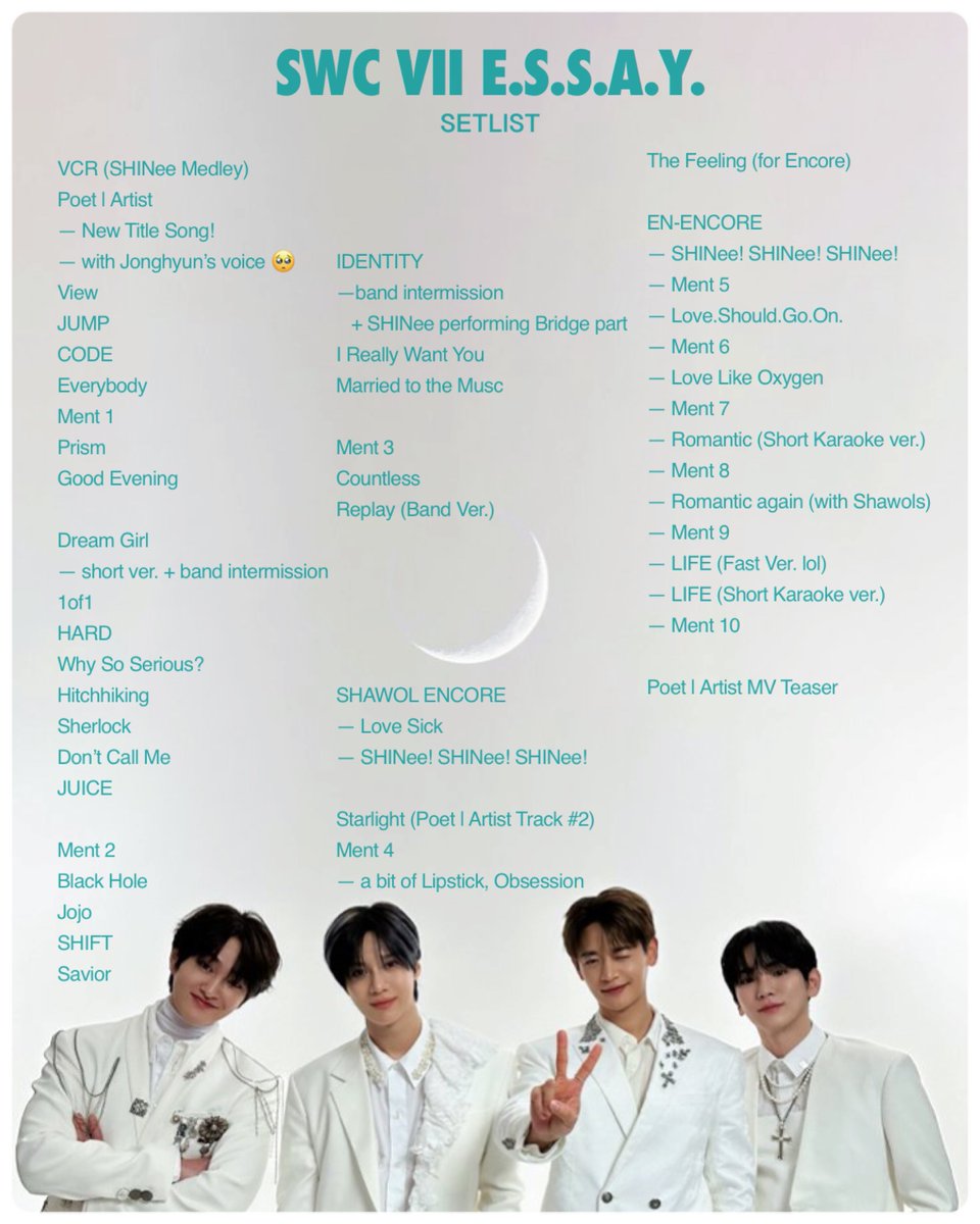 leejinkey's tweet photo. 250523 | SWC VII ESSAY | Day 1 Setlist

#SHINee #샤이니
#SHINeeWORLDVII_ESSAY
#EveryStageShinesAroundYou
#샤이니월드7 #에세이
#샤계한 #SHINeeing #SHINee_ing
#ONEW #온유 #JONGHYUN #종현 #KEY #키 #MINHO #민호 #TAEMIN #태민 https://t.co/HKAMCVbEIm