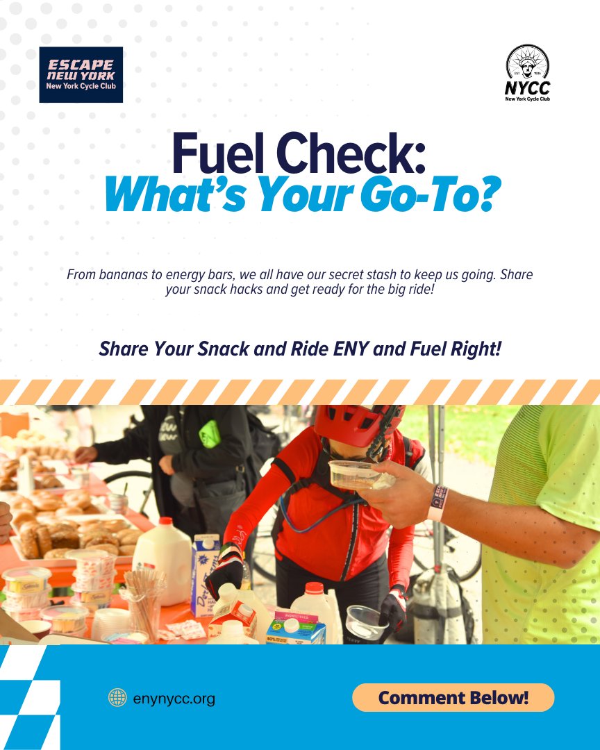 What’s your go-to rest stop snack? 🍌🍫🥨 Let us know what fuels your ride! Use code ENYSOCIAL for $30 off registration and receive a year's membership to NYCC bit.ly/4hYCTl4  Please Share! #RideFuelFavorites