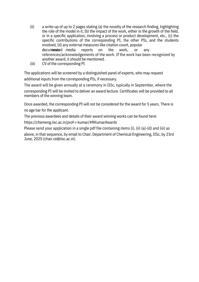 Chemical Engineering, IISc (@chemengiisc) on Twitter photo Chemical Engineering <a href="/iiscbangalore/">IISc Bangalore</a> invites applications for the Prof. R Kumar Award 2025 β honoring innovative modelling research.
π° Prize: βΉ1 Lakh
ποΈ Deadline: June 23, 2025
π§ chair.ce@iisc.ac.in
π Winners present at IISc, Bangalore
π Details in image
#IISc #Innovation Chemical Engineering <a href="/iiscbangalore/">IISc Bangalore</a> invites applications for the Prof. R Kumar Award 2025 β honoring innovative modelling research.
π° Prize: βΉ1 Lakh
ποΈ Deadline: June 23, 2025
π§ chair.ce@iisc.ac.in
π Winners present at IISc, Bangalore
π Details in image
#IISc #Innovation