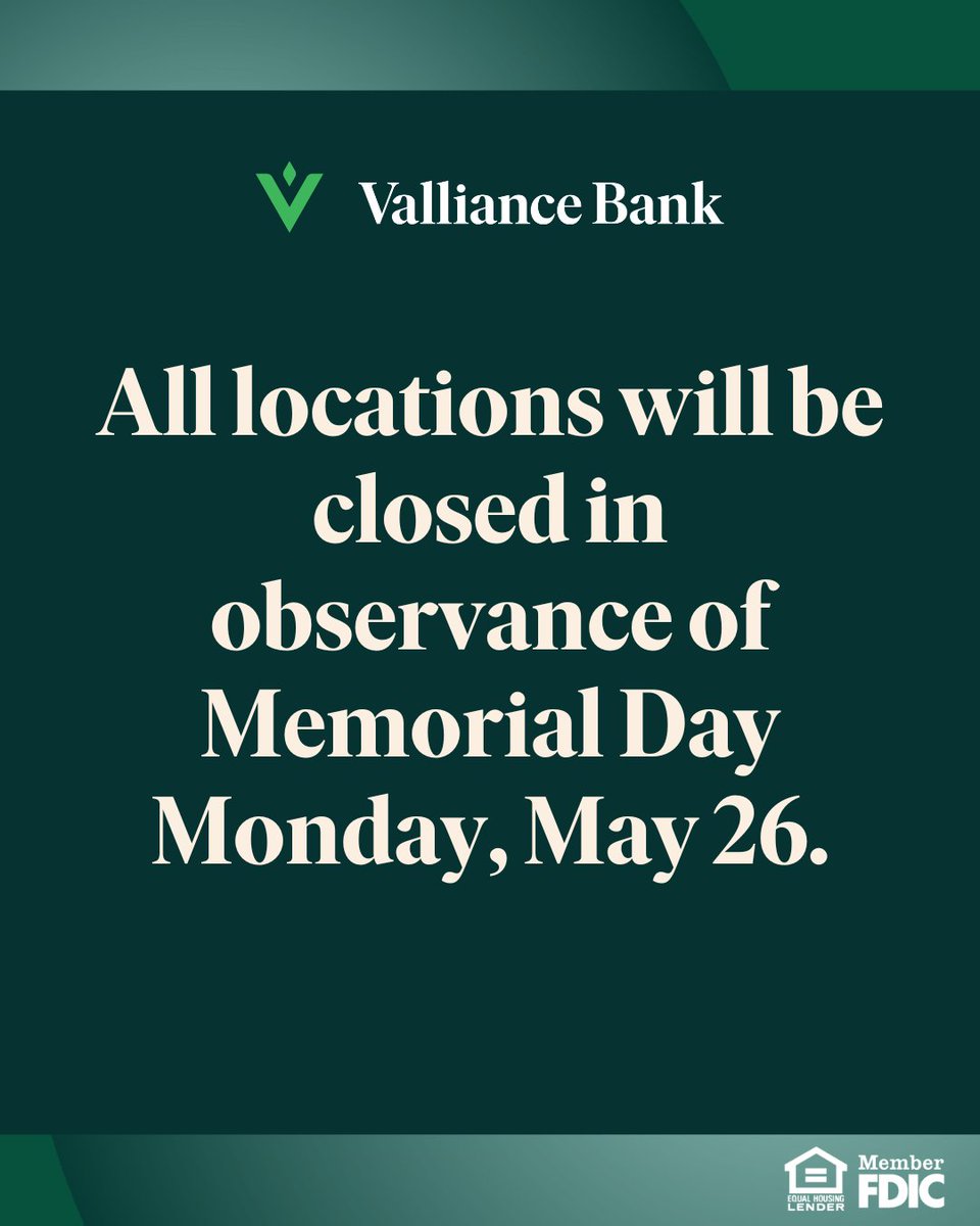 All locations will be closed on Monday. Take advantage of our online and mobile banking options!