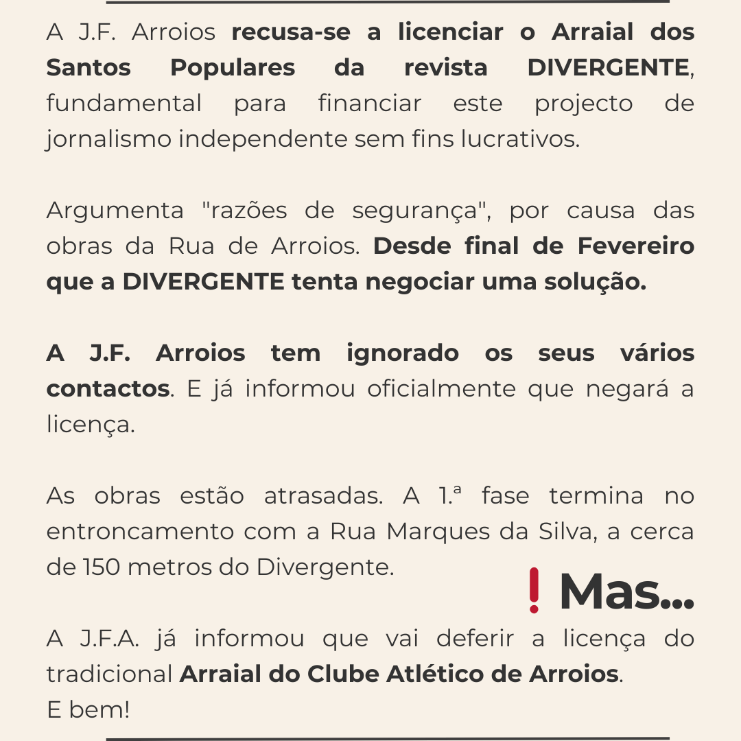 MDeArroios's tweet photo. A @FreguesaArroios  está a impedir o Divergente de realizar o seu arraial na Rua de Arroios - onde obras decorrem de forma irregular.

Sem explicações claras. 
Sem respostas, nem a moradores.
Exigimos transparência e justiça!

Envia um email  -> https://t.co/T7VoR6jb6g https://t.co/mAcRM0rEdN