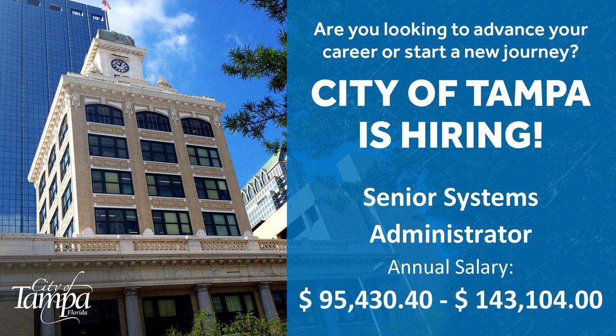 💼JOB OF THE WEEK💼
The Technology &amp; Innovation Department is hiring a Senior Systems Administrator to design, develop/modify, test, and implement information technology systems, programs, and procedures.

🔗tampa.gov/jobs