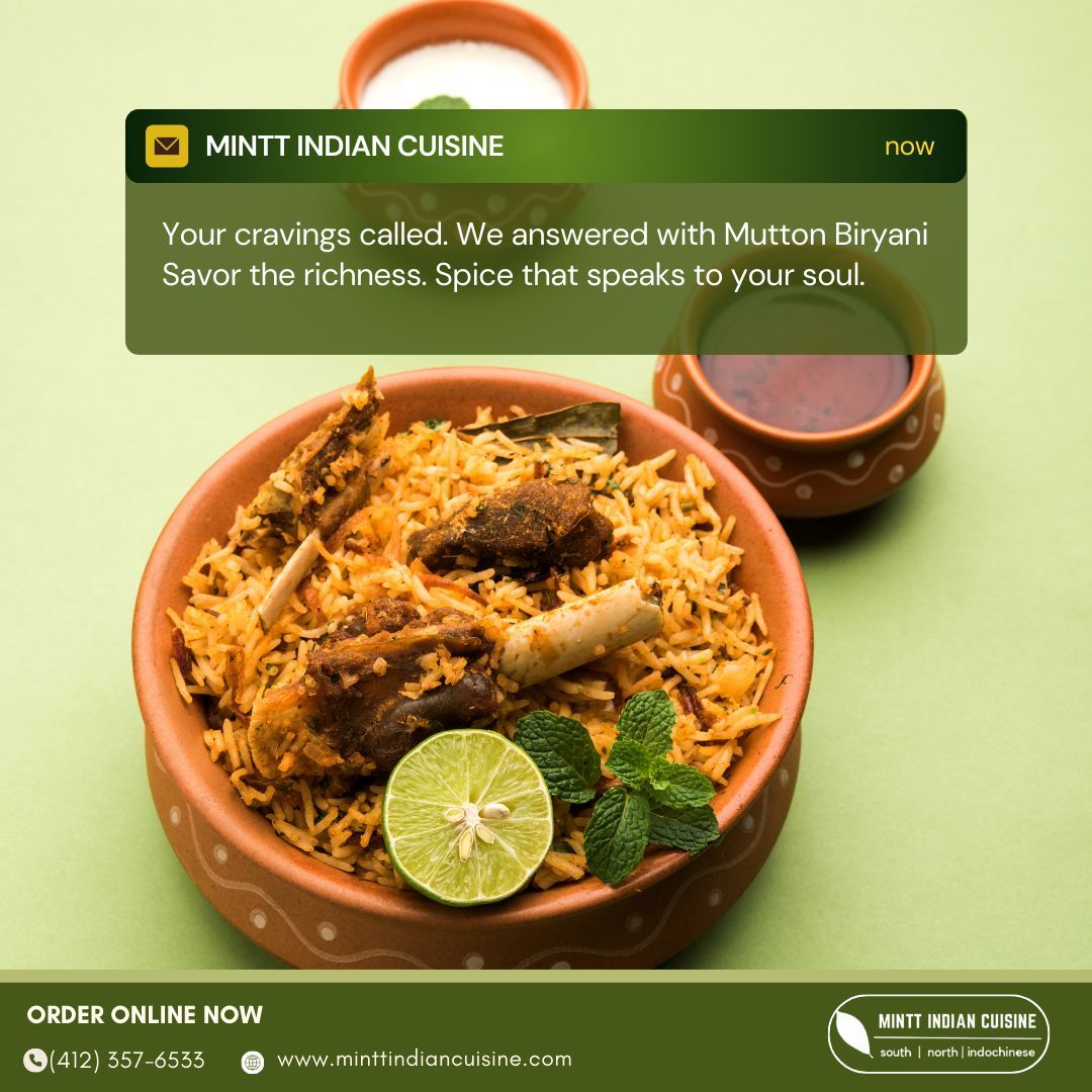 MinttIndian's tweet photo. Craving something rich? Try our Mutton Biryani at Mintt Indian Cuisine! 🍖🍚 Order now and savor the spice! (412) 357-6533 or online. 

Visit - https://t.co/zqbf5qpMha 

#MinttIndianCuisine #MuttonBiryani #Delicious https://t.co/8rZSgCkVZa