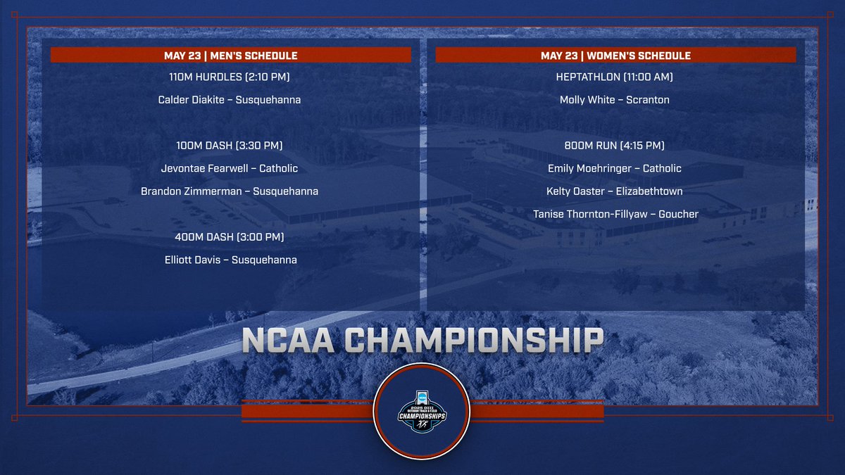 Landmark Conference (@landmarkconf) on Twitter photo Day 2 of the NCAA DIII Outdoor Track & Field Championships is here!
<a href="/RoyalAthletics/">Scranton Athletics</a> Molly White, who sits 18th currently, kicks things off in the heptathlon at 11:00 a.m.
Follow Live: tinyurl.com/bdcvsbsp
Full Schedule ⤵️ Day 2 of the NCAA DIII Outdoor Track & Field Championships is here!
<a href="/RoyalAthletics/">Scranton Athletics</a> Molly White, who sits 18th currently, kicks things off in the heptathlon at 11:00 a.m.
Follow Live: tinyurl.com/bdcvsbsp
Full Schedule ⤵️