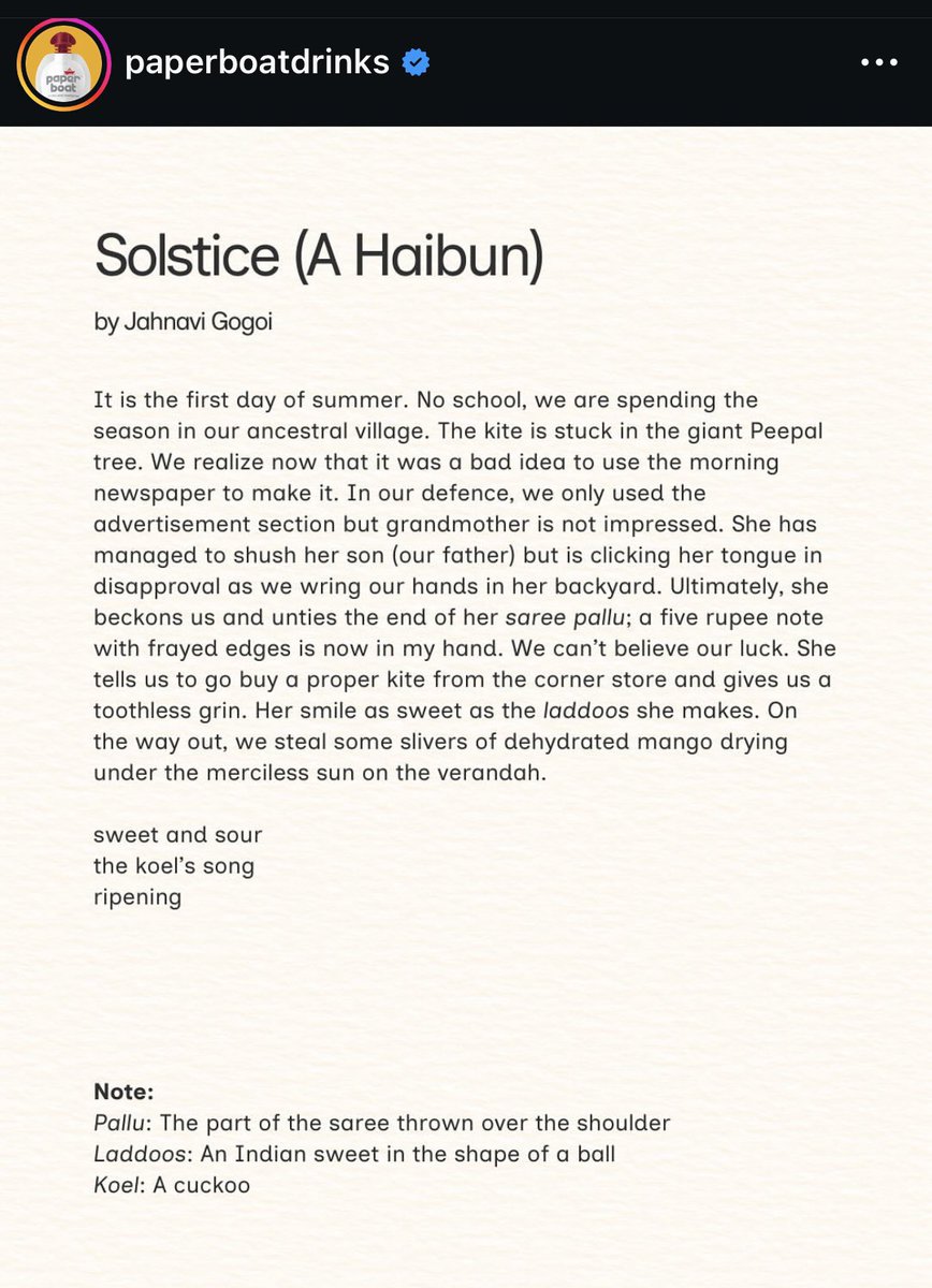 Thank you <a href="/paperboatdrinks/">Paper Boat</a> and <a href="/AliporeThe/">The Alipore Post</a> for this magnificent opportunity to be a part of your summer celebration! I am officially in my Haibun era. Pleased to share space with so many talented creatives! 🙏🙏