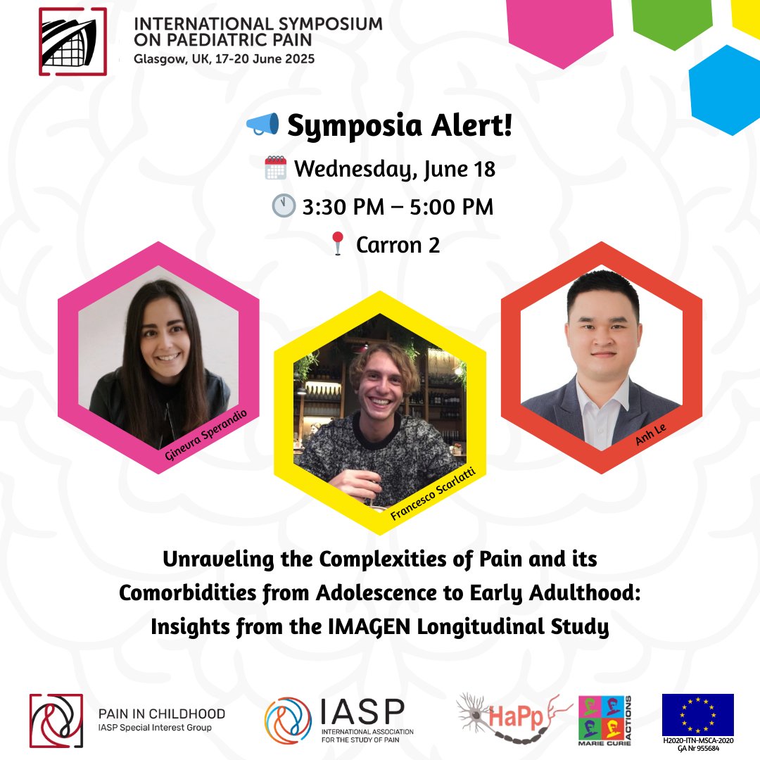 HaPpYejd2021's tweet image. 🎉 Exciting news!
Our ESRs @FrancescoScarl9 @Anh_lecong93 and Ginevra will be presenting at #ISPP2025 in Glasgow!
📅 Don’t miss their talk on June 18, 3:30–5:00 PM:
"Unraveling the Complexities of Pain and its Comorbidities from Adolescence to Early Adulthood" @HaPpYejd2021