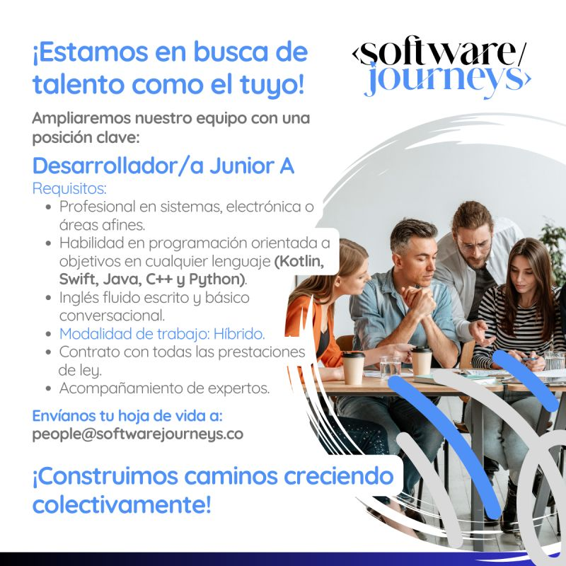 SoftwJourneys's tweet photo. 🔵 ¡Únete a nuestro equipo en Software Journeys! 🚀✨
💡💻 Si eres una persona apasionada por la tecnología, la innovación y el trabajo en equipo, esta es tu oportunidad. https://t.co/i3KSCP0QTV