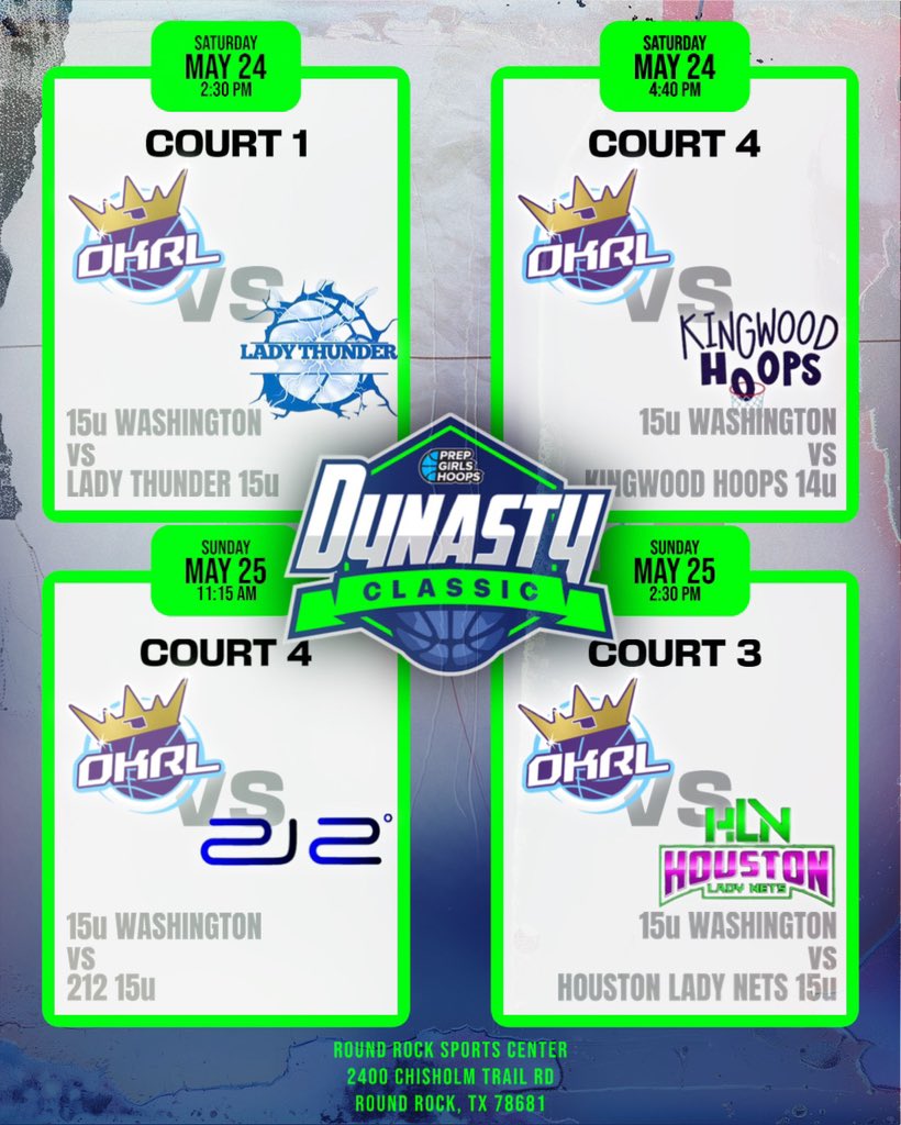 Schedule for the weekend. 
<a href="/ok_royallegacy/">Oklahoma Royal Legacy Basketball Club</a> <a href="/PGHCircuit/">Prep Girls Hoops Circuit 🏀</a> <a href="/coachjvick1/">Coachjvick (new)</a> <a href="/abovelinehoops/">Abovethelinehoops</a> <a href="/girlzprepreport/">Girlz Prep Report</a>