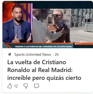 semadlc's tweet photo. Como me muestra Windows la noticia sobre la vuelta de Cristiano Ronaldo al Real Madrid. @RobertoVaquero_ gran historiador y periodista deportivo 😂 https://t.co/FqGM0BVT1R