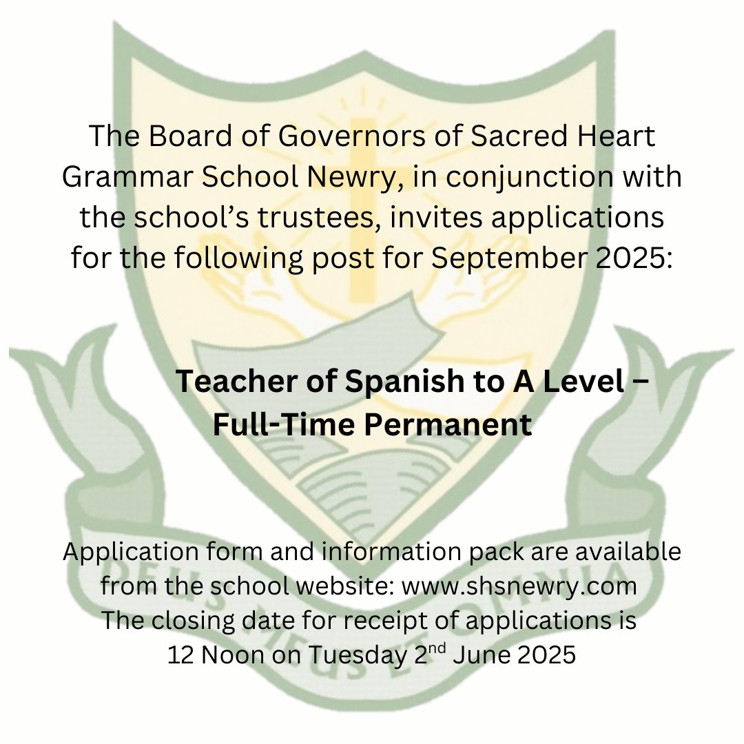 The Board of Governors invites applications for the attached post.  Application forms and information packs are available from shsnewry.com.