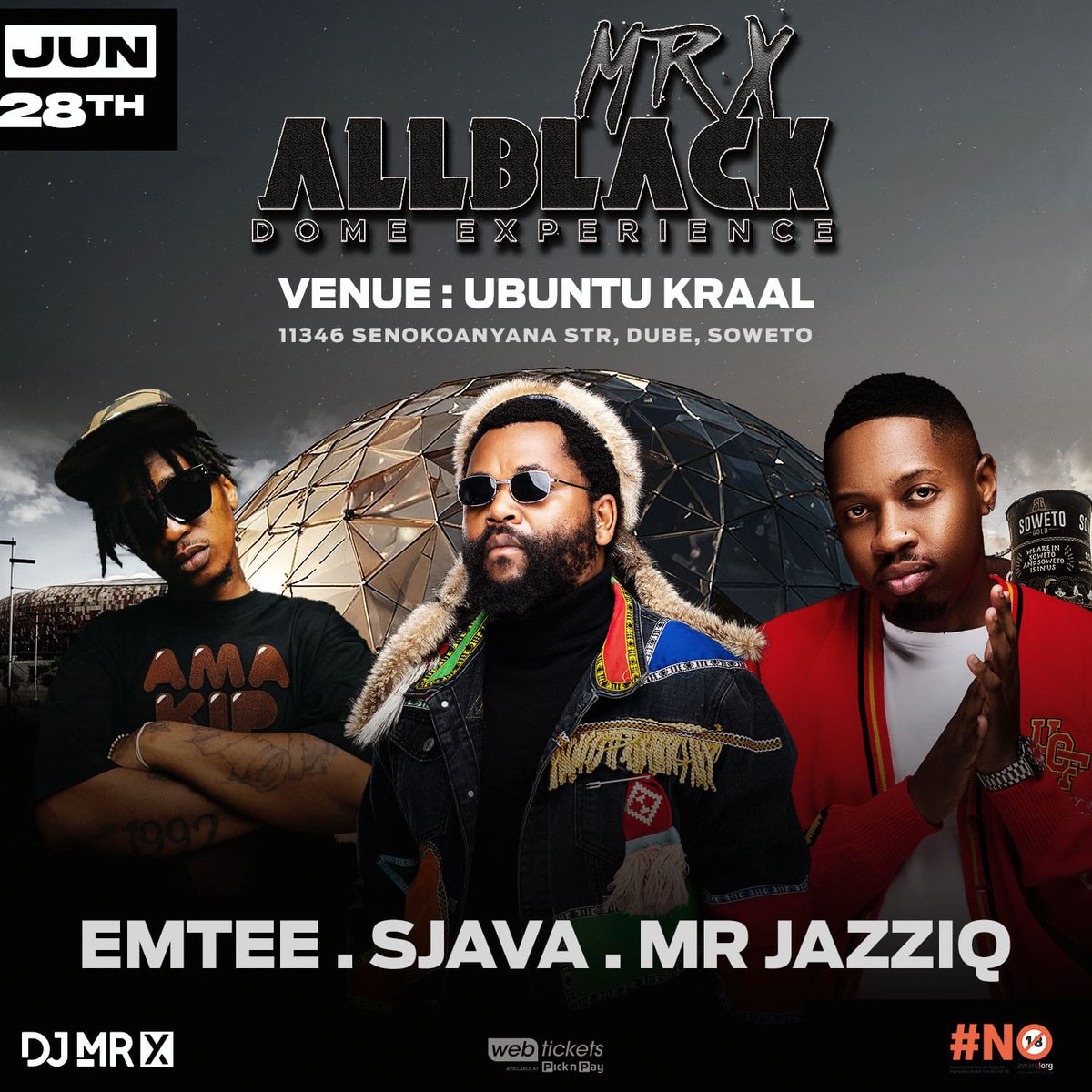 🔥 Soweto, are you READY?! The #MrXAllBlackDomeExperience is about to SHAKE things up this June 28th at Ubuntu Kraal! 🚨 Emtee, Sjava &amp; Mr JazziQ in one night? Mad vibes only! 🖤
📍11346 Senokoanyana Str, Dube