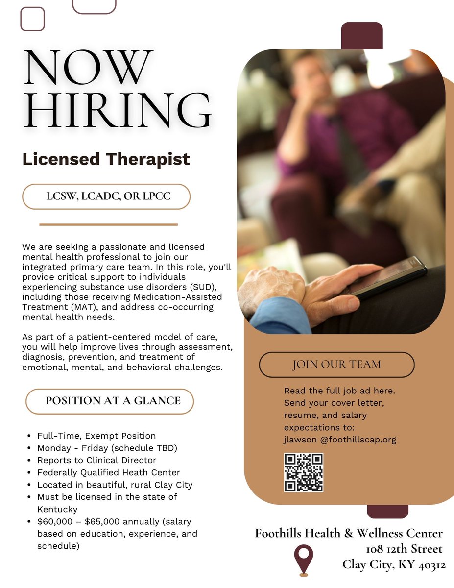 KRFDCInc's tweet photo. Foothills Health &amp; Wellness Center is seeking a Licensed Therapist (LCSW, LCADC, or LPCC) to join our integrated care team.

Full-Time, M–F (Schedule TBD)
$60K–$65K/year
Clay City, KY
Apply: jlawson@foothillscap.org

#MentalHealthJobs #LCSW #LCADC #LPCC   #BehavioralHealth https://t.co/wdGzOTeWYv
