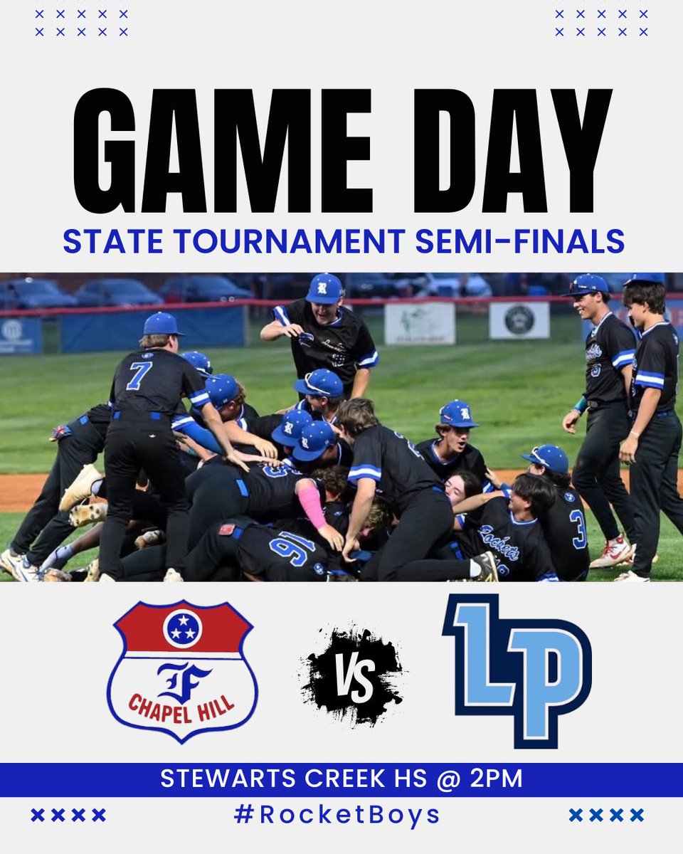 Forrest Baseball (26-9) takes on the Lakeland Prep Lions in the TSSAA Class 2A State Tournament Semi-Finals today at 2 pm! 

As stated, game time is set for 2 pm at Stewart’s Creek High School. Rockets will need to win to force the if necessary game at 4:30. 

#RocketBoys