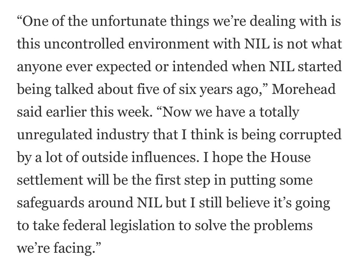 WinterSportsLaw's tweet photo. When discussing the document that P4 schools are being asked to sign to bind them to the House settlement terms, Georgia’s president said college athletics is now an “unregulated industry” that “is being corrupted by a lot of outside influences.”

Assume he’s referring to agents. https://t.co/L2dmKwRvAI