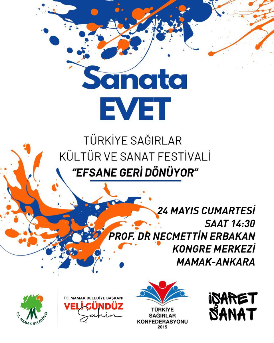 🎨 Sanata EVET!
Türkiye Sağırlar Kültür ve Sanat Festivali  Mamak’ta hayat buluyor!

Engelsiz sanatın büyüsüyle dolu bu özel buluşma için; 

📅 24 Mayıs 2025
🕓 Saat 14.30
📍 Prof. Dr. Necmettin Erbakan Kongre Merkezi 
#MamakEngelTanımaz