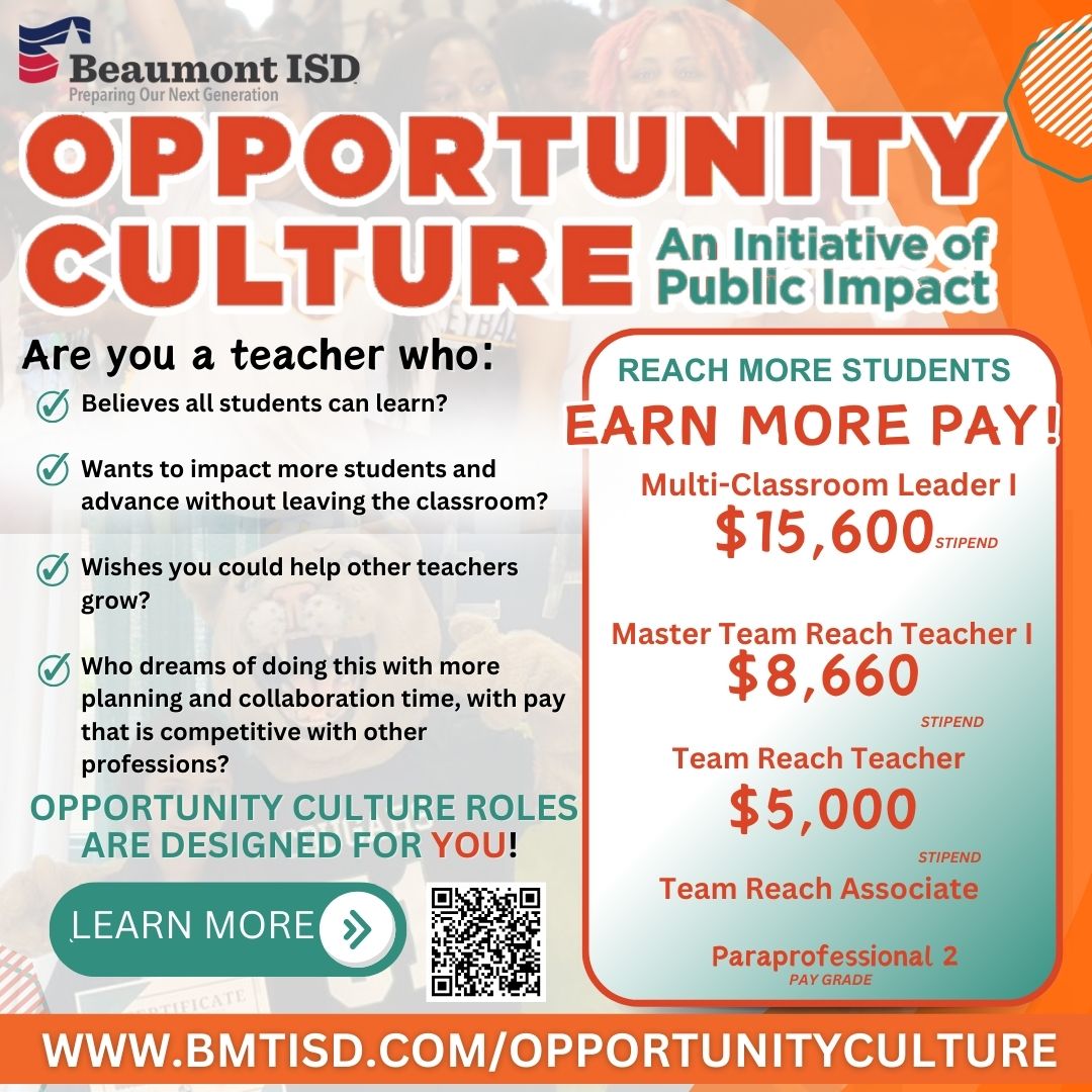 🚨 Calling all passionate educators! 🚨
💰 Earn up to $15,600 in additional pay
 📈 Grow your leadership without giving up teaching
 🤝 Get more planning &amp; collaboration time
👉 Learn more at bmtisd.com/opportunitycul…