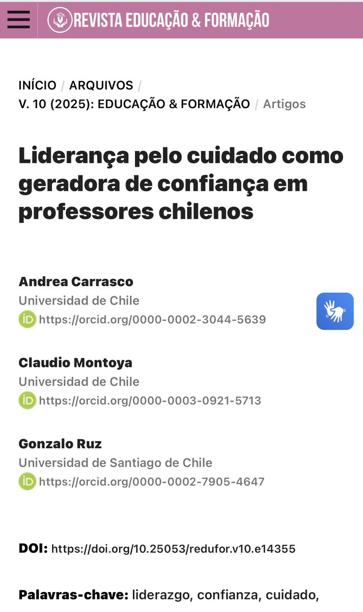Comparto nueva publicación sobre liderazgo para el cuidado cómo un gatillador de confianza en el profesorado chileno ⬇️ 
revistas.uece.br/index.php/redu…