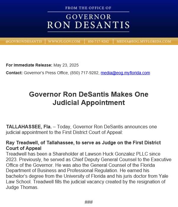 1dca_flcourts's tweet image. Congratulations to Ray Treadwell on his appointment to the First District Court of Appeal.
